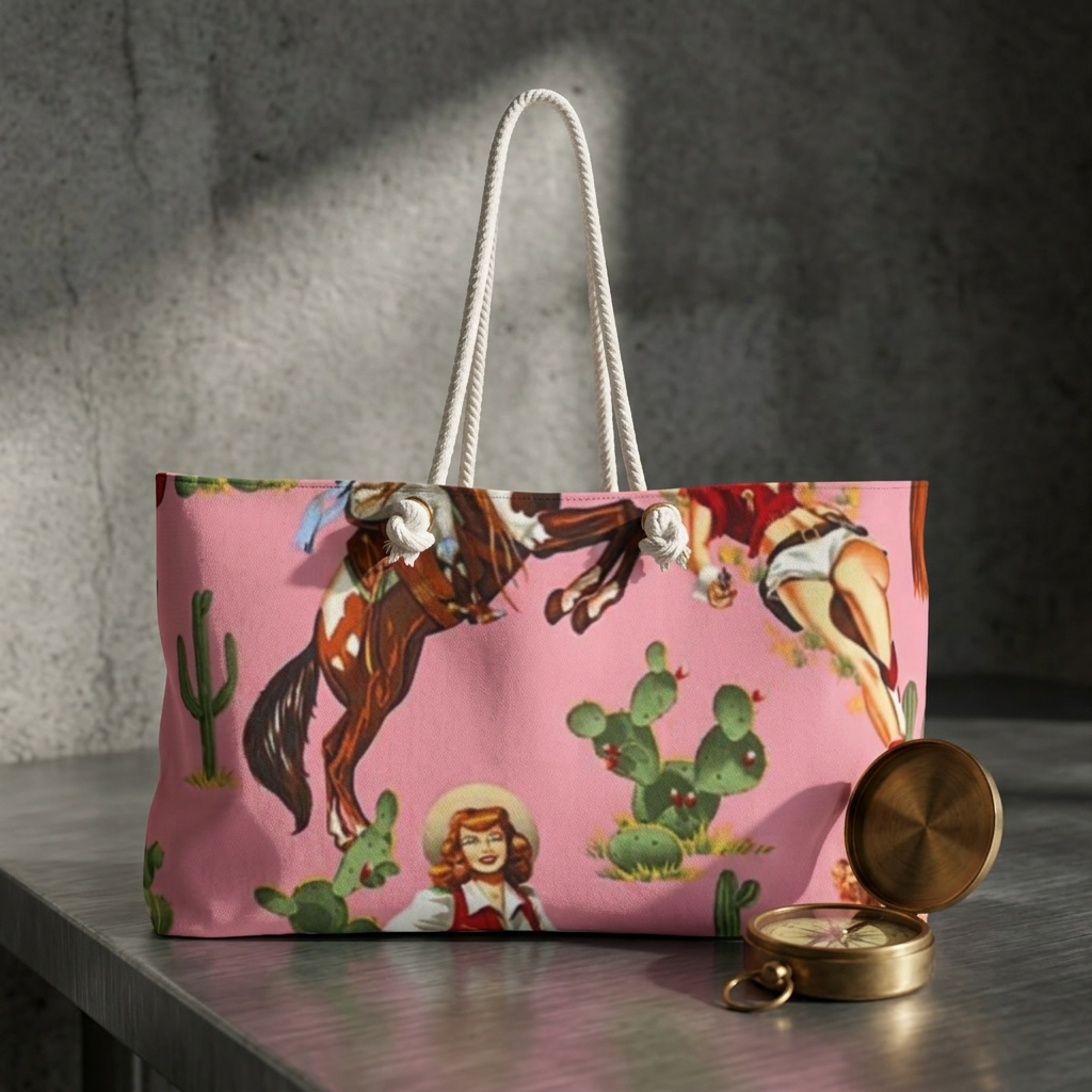 Cowgirl Pattern Weekender Bag | Pink Western Rodeo Cactus Tote