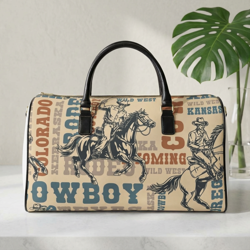 Cowboy Rodeo Pattern Faux Leather Travel Bag | Western Horse Print Duffle