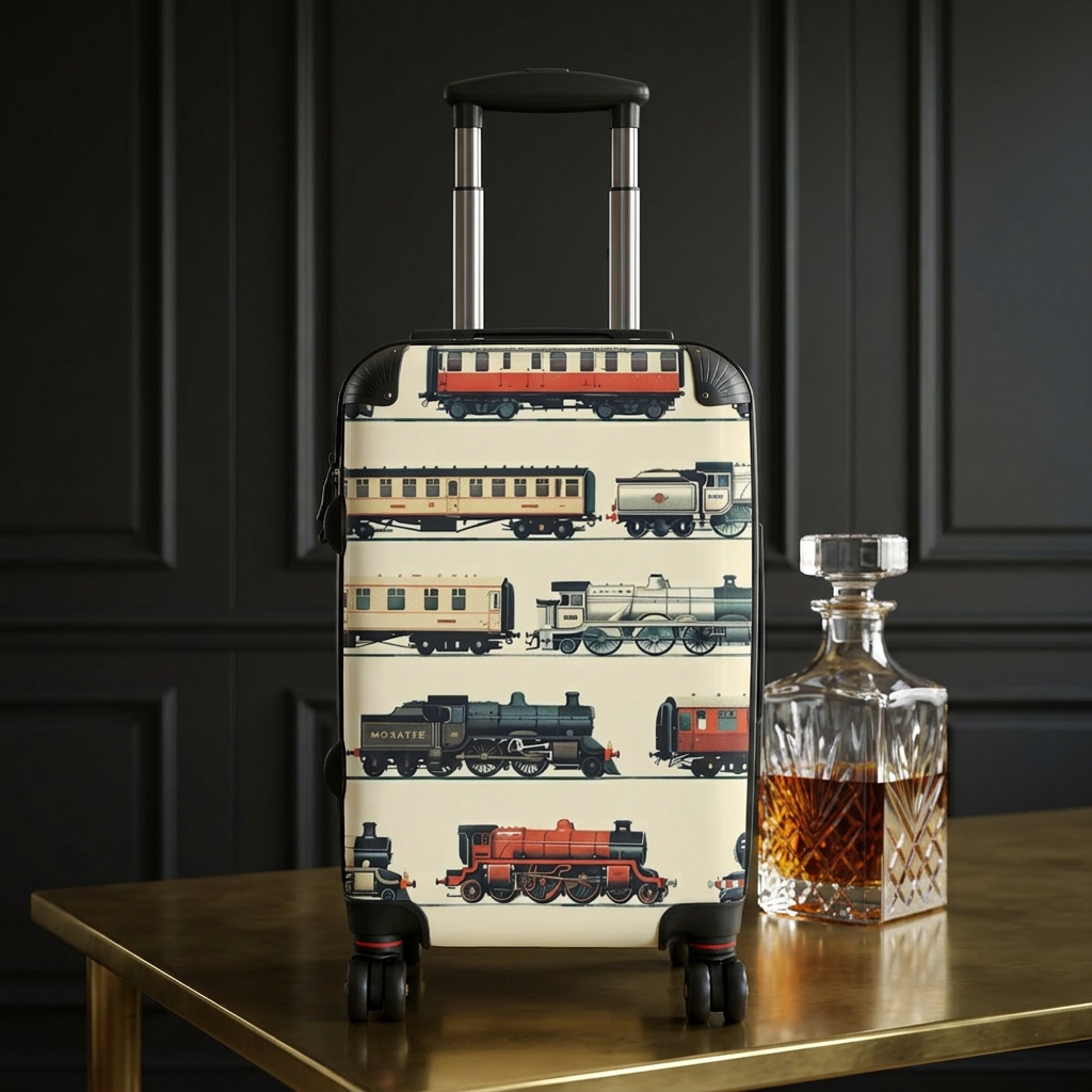 Vintage Steam Train Pattern Suitcase | Retro Locomotive Luggage