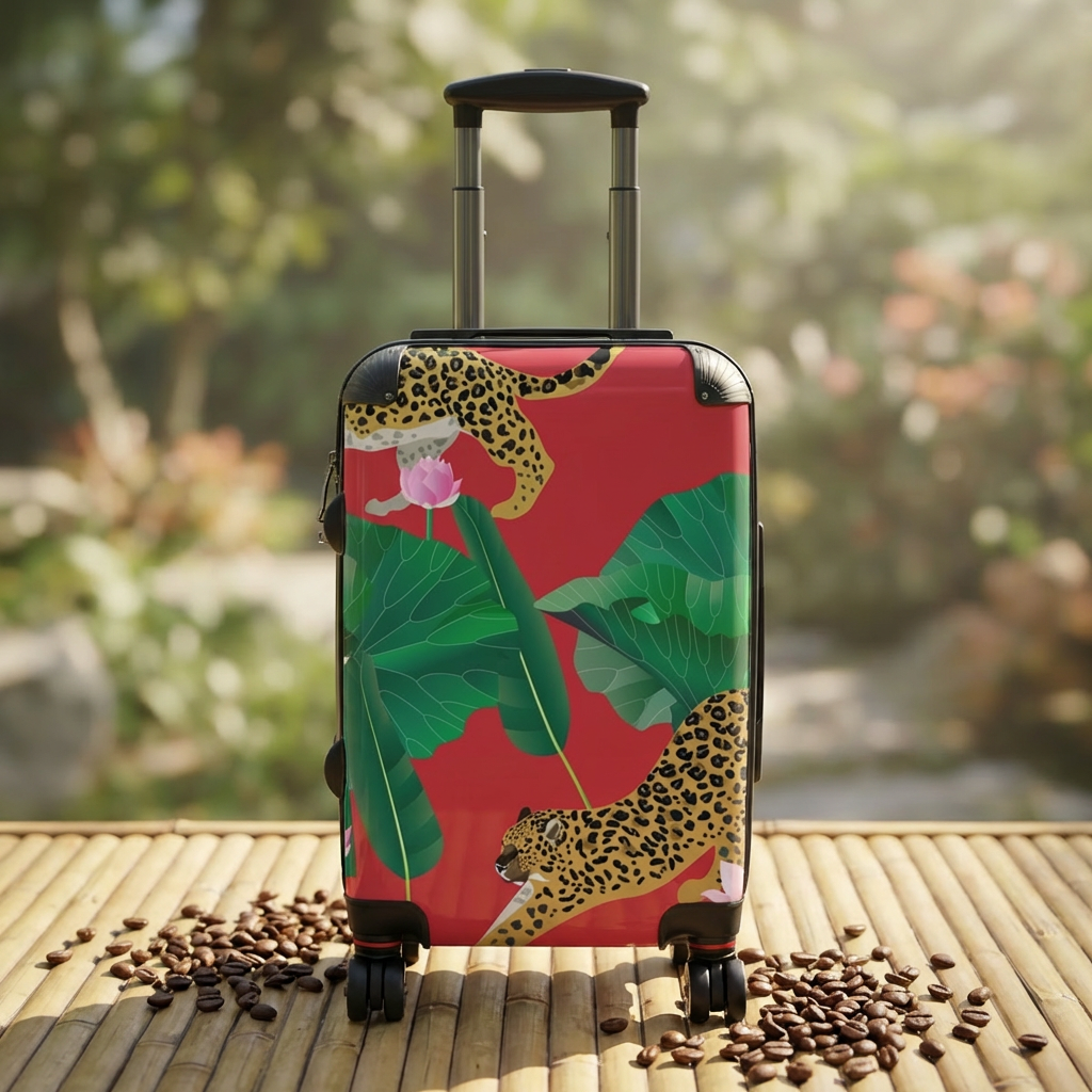 Tropical Leopard Print Suitcase | Red Palm Leaves Luggage