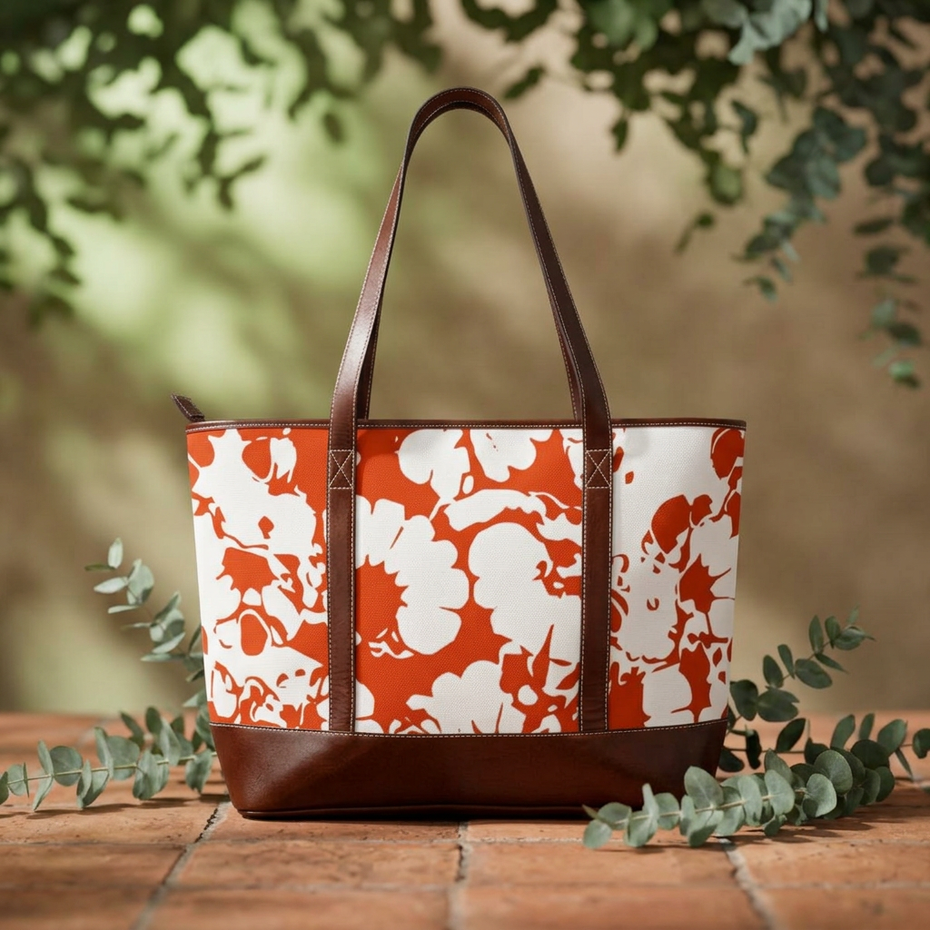 Orange Floral Pattern Handbag | Floral Tote, Brown Trim