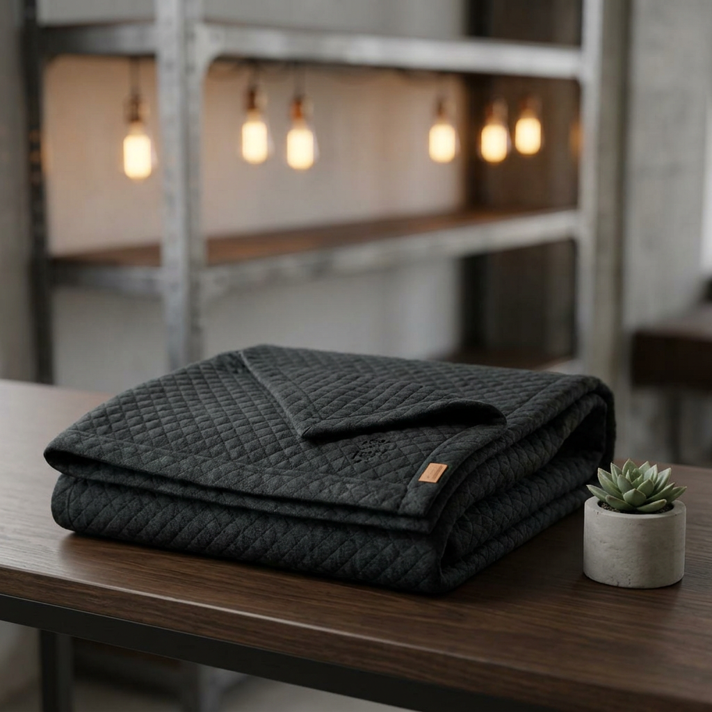 Embroidered Diamond Quilt Blanket — Cozy Black Throw with Monogram Patch