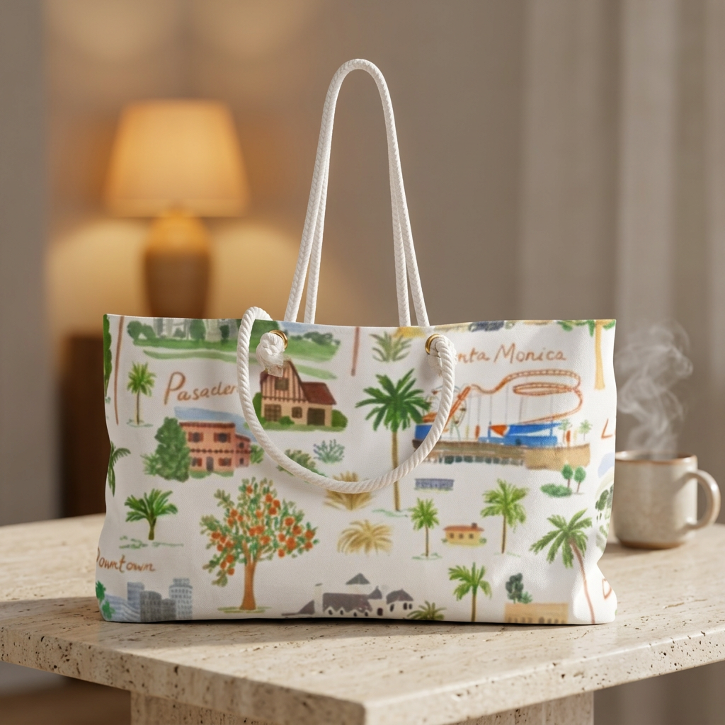 California Travel Weekender Bag – Illustrated Coastal Cities Print