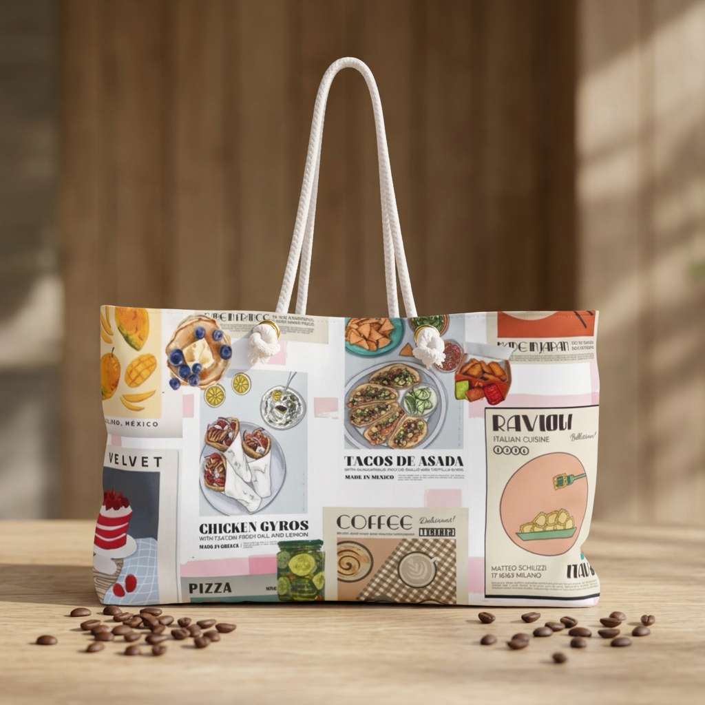 Foodie Collage Weekender Bag – Illustrated Global Cuisine Travel Tote