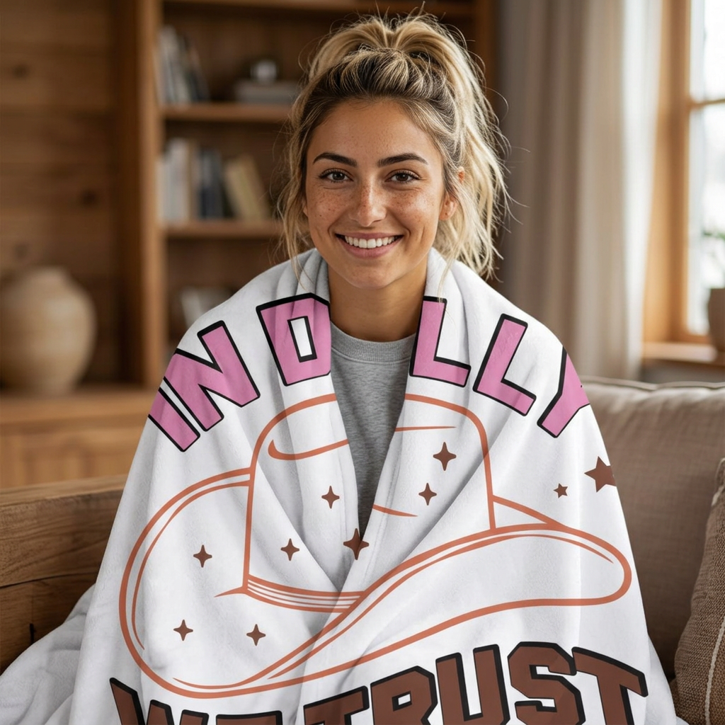 Fleece Sherpa Blanket — "In Dolly We Trust" Cowgirl Hat Cozy Throw