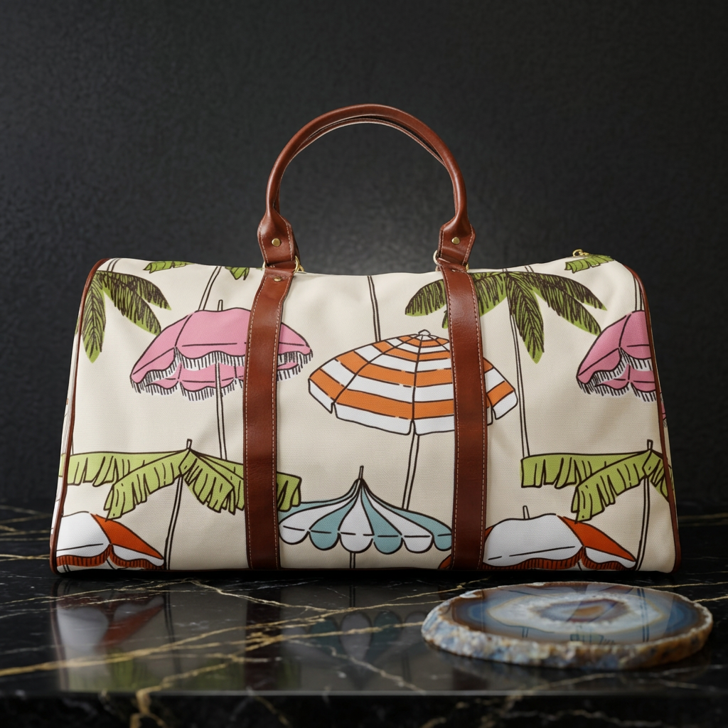 Beach Umbrella Pattern Travel Bag | Palm Trees, Striped Parasols, Waterproof