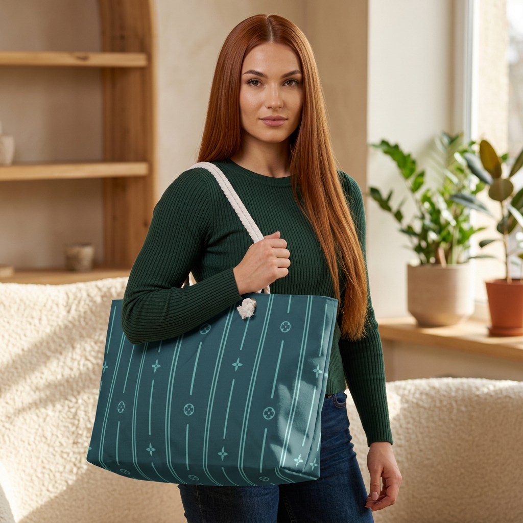 Teal Striped Weekender Bag — Nautical Rope-Handle Travel Tote