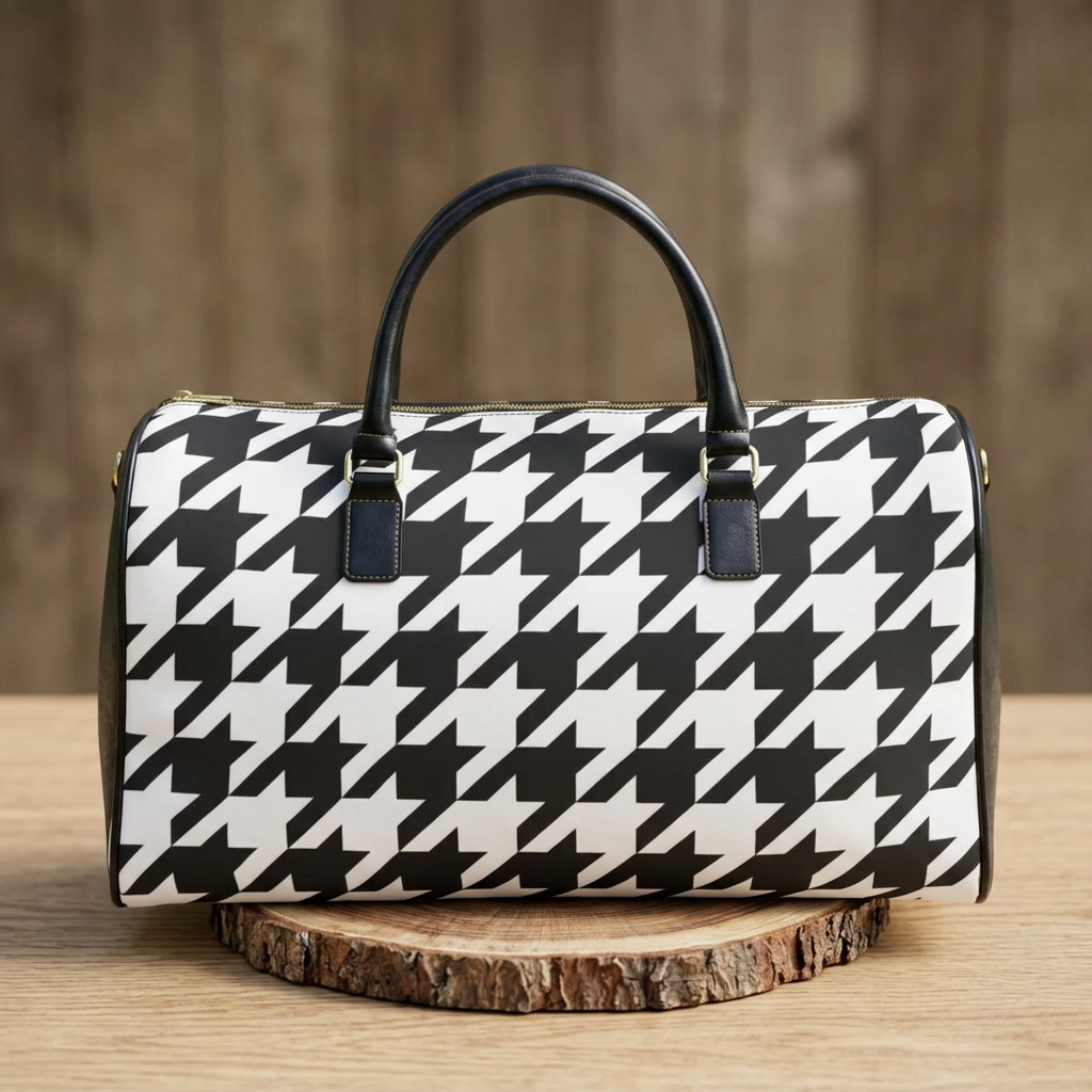 Black White Houndstooth Faux Leather Travel Bag | Duffle Bag