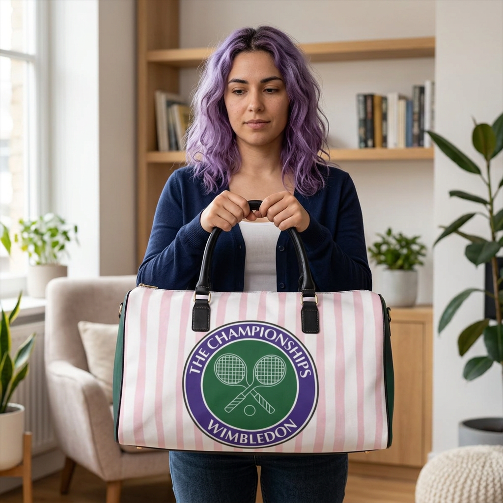 Wimbledon Tennis Logo Faux Leather Travel Bag | Striped Pink Duffle
