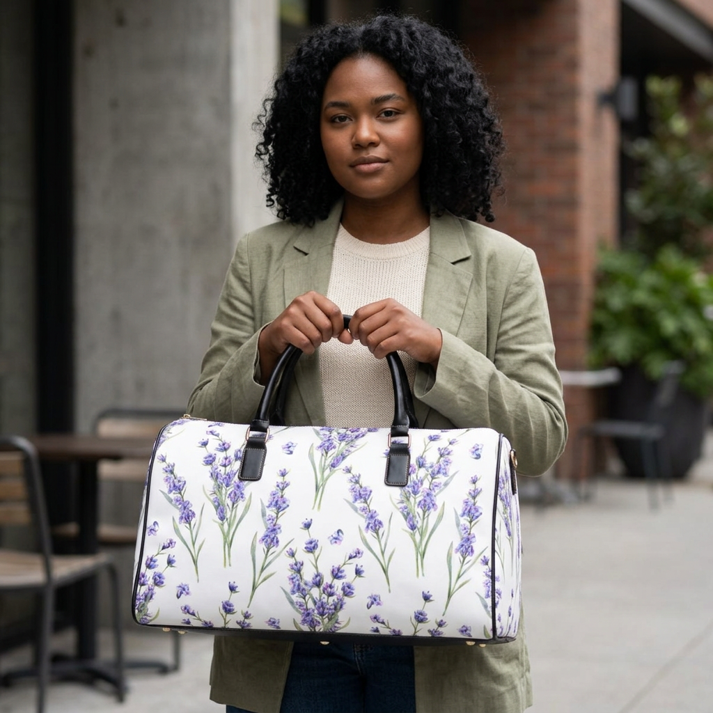 Lavender Bouquet Faux Leather Travel Bag | Floral Duffle, Botanical Print