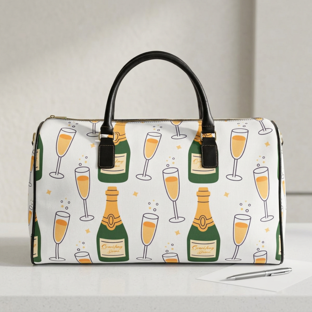 Champagne Bottle and Flute Faux Leather Travel Bag | Sparkling Brunch Print