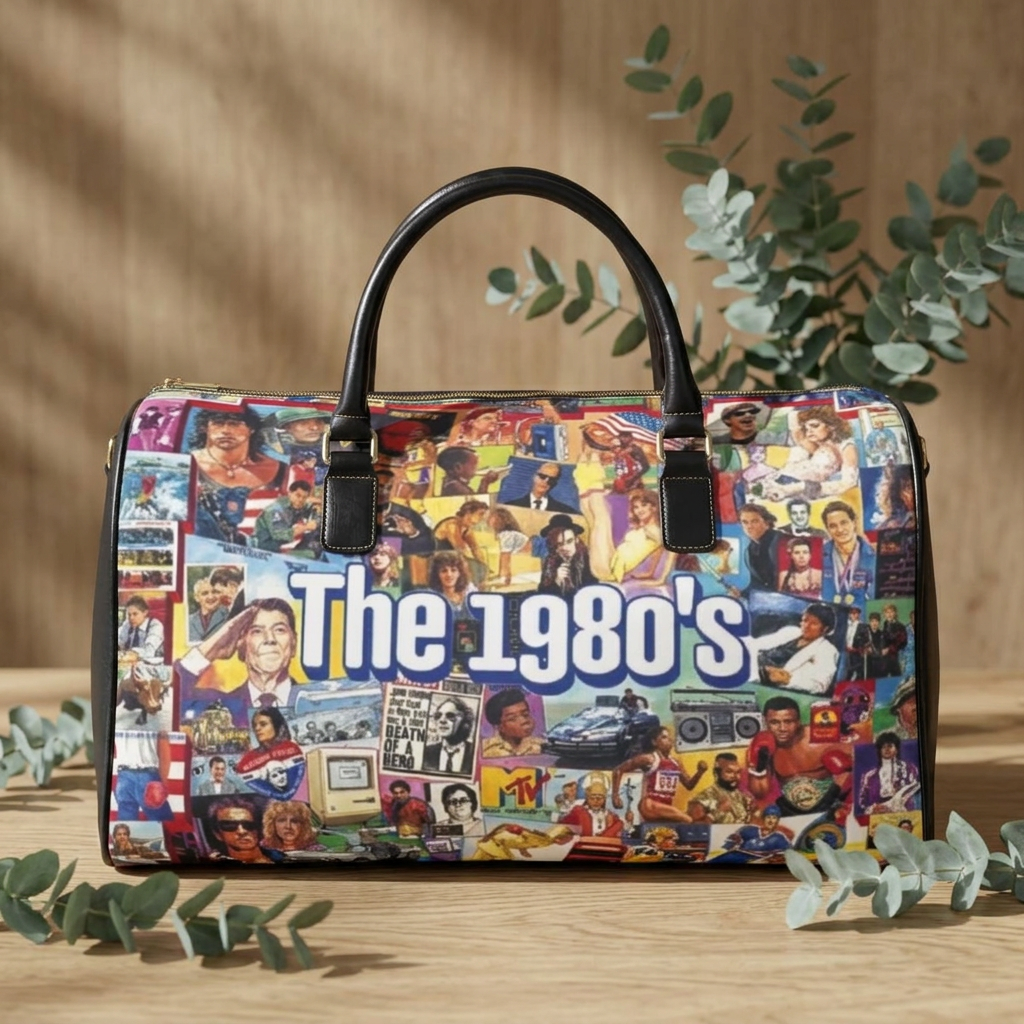 1980s Collage Faux Leather Travel Bag — Retro Music & Pop Culture Duffle