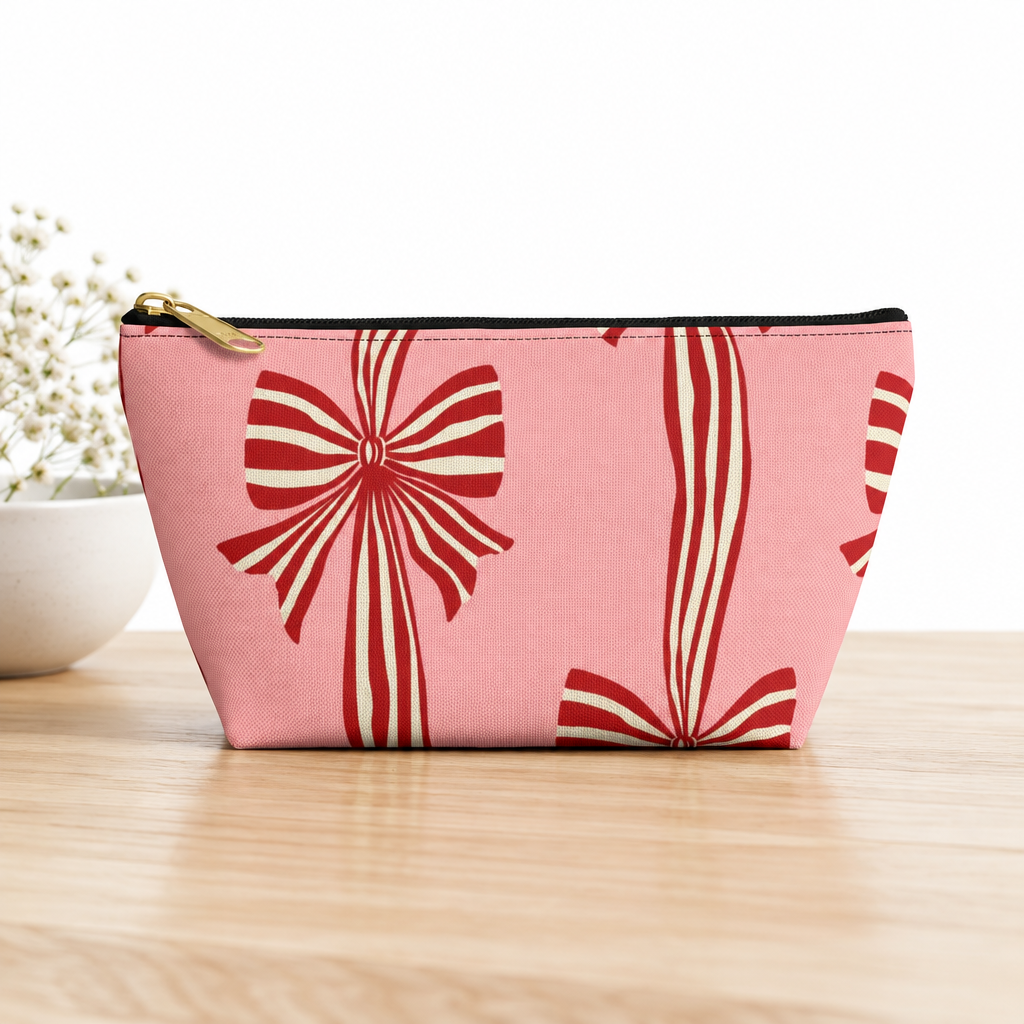 Bow Pattern Accessory Pouch — Pink & Red Striped Gift Bow Cosmetic Bag