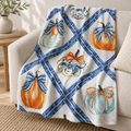 Blue and Orange Pumpkin Harvest Velveteen Plush Blanket