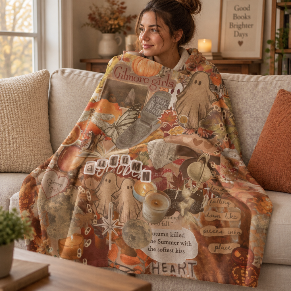 Autumn Cozy Ghosts Velveteen Plush Blanket — Fall Aesthetic Throw for Cozy Nights Gilmore girls