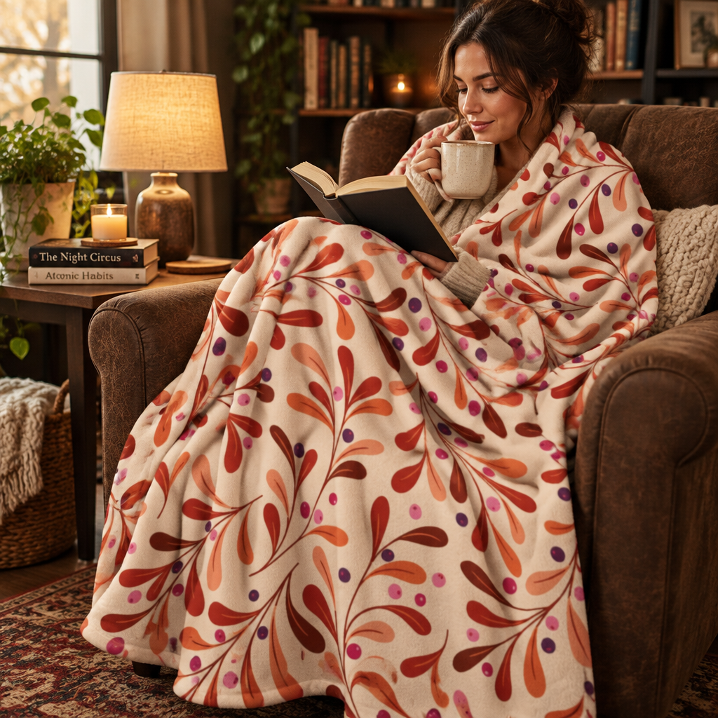 Autumnal Leaf Swirl Plush Blanket — Cozy Fall Velveteen Throw