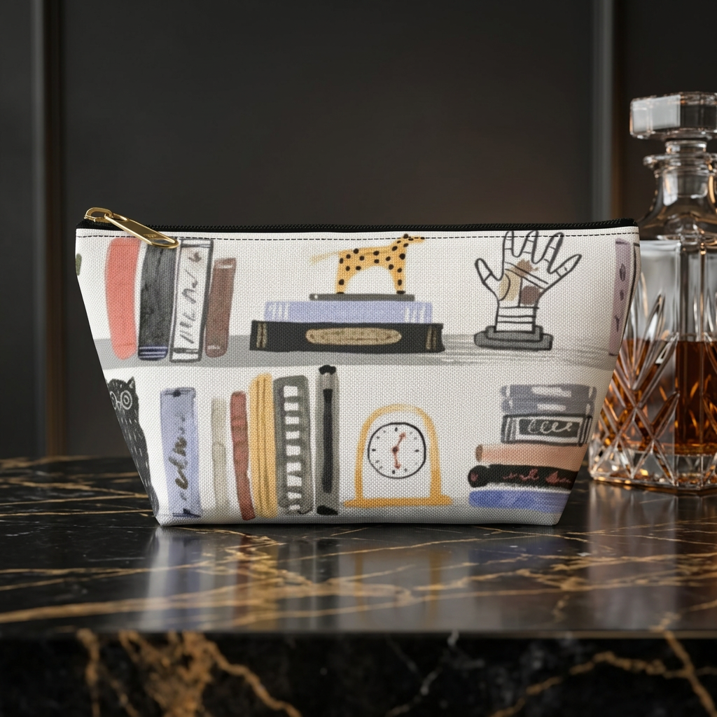 Bookish Accessory Pouch — Illustrated Bookshelf T-Bottom Cosmetic Bag