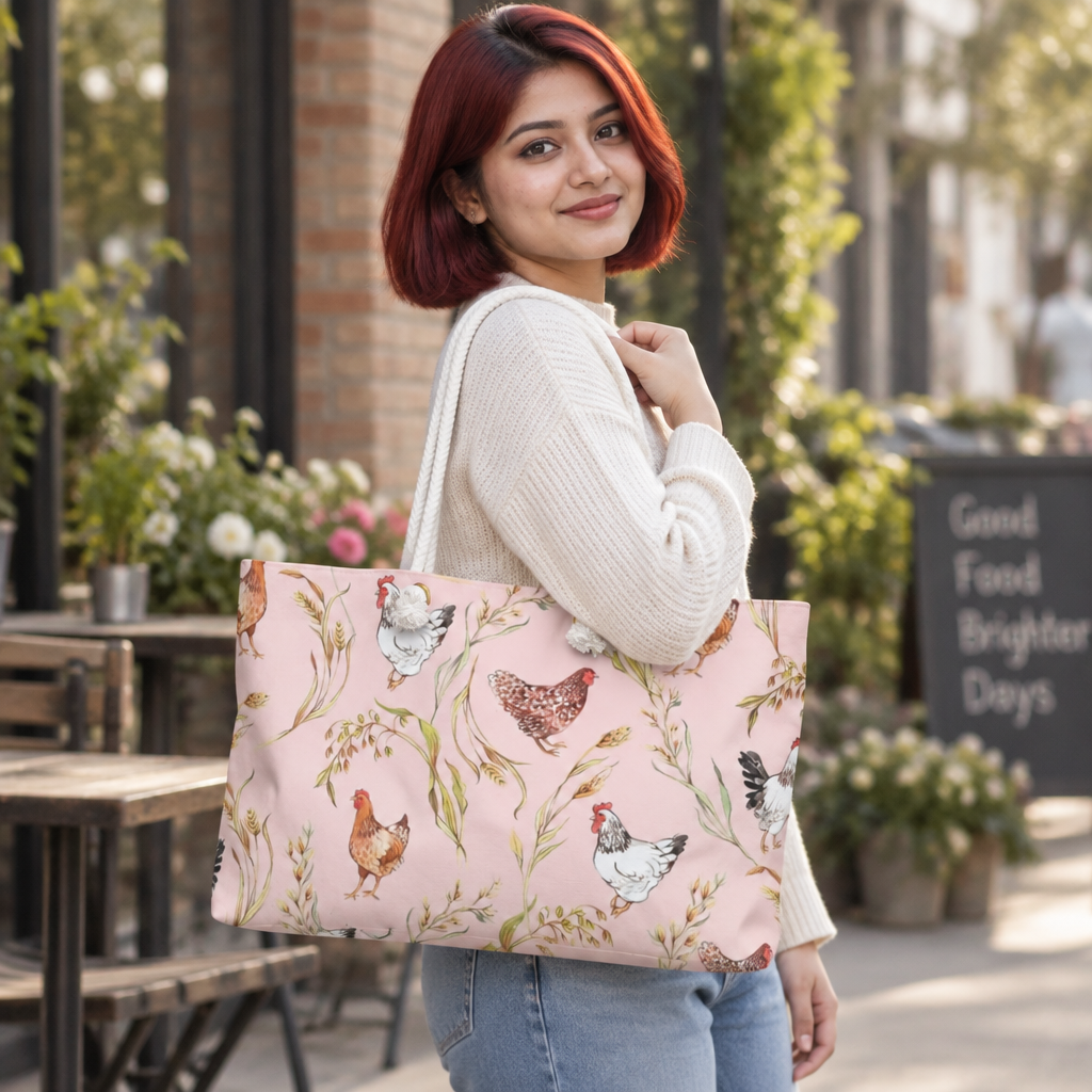 Chicken Farm Print Weekender Bag – Pastel Pink Hen Tote for Farm Lovers & Casual Travel