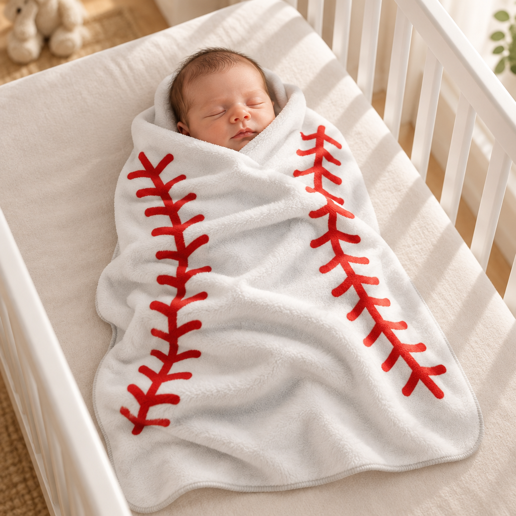 Baseball Stitch Sherpa Fleece Blanket | Soft Red Seam Design