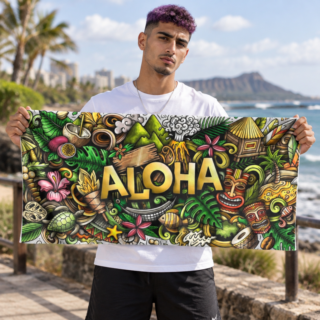 Aloha Tropical Beach Towel — Colorful Hawaiian Luau Design