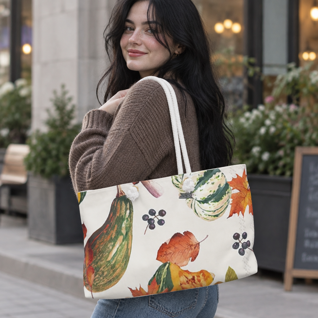 Autumn Harvest Weekender Bag — Fall Gourd & Leaves Travel Tote