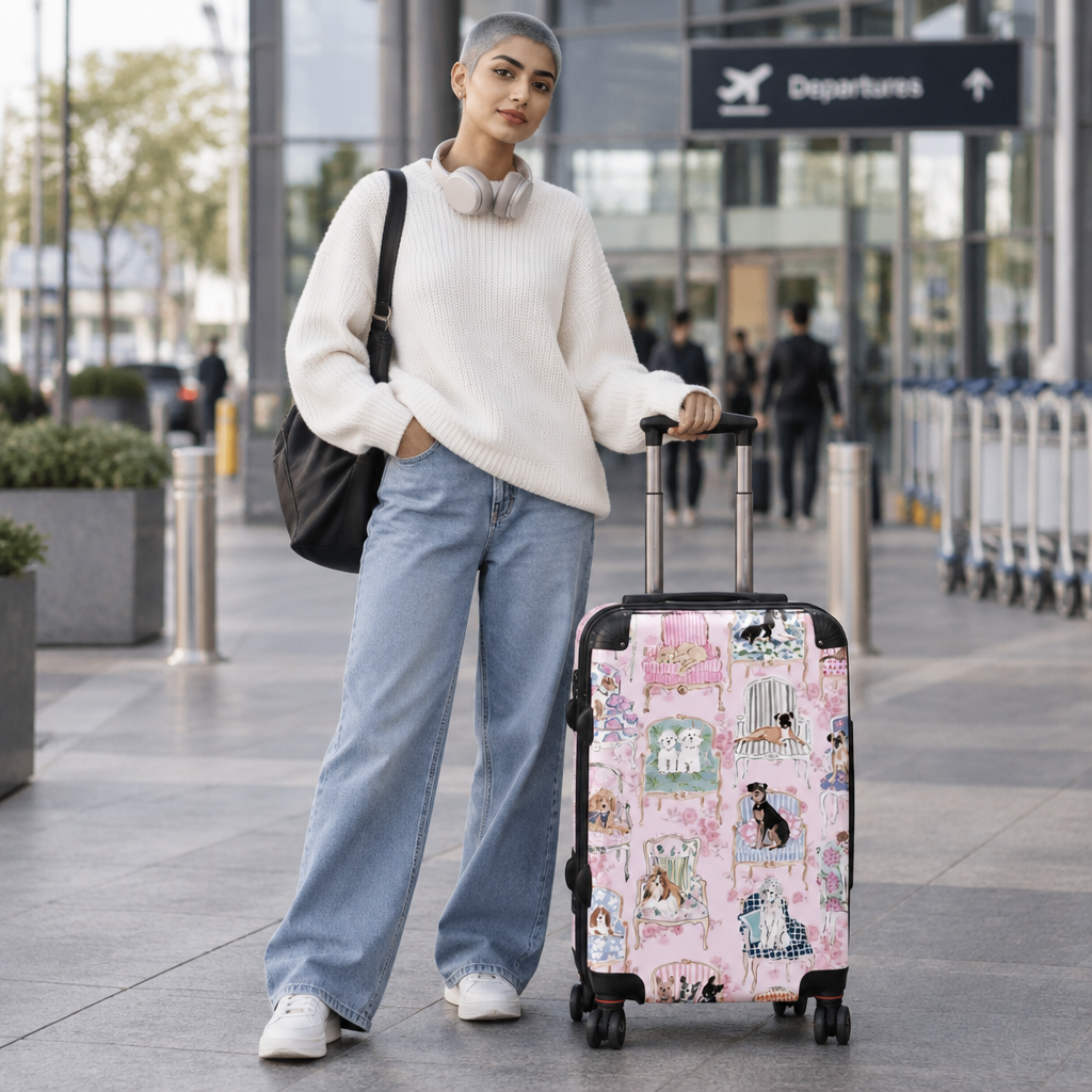 Carry-On Suitcase — Pink Vintage Dog Portraits Pattern