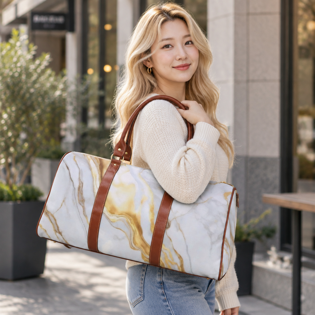 Gold Marble Print Waterproof Travel Bag