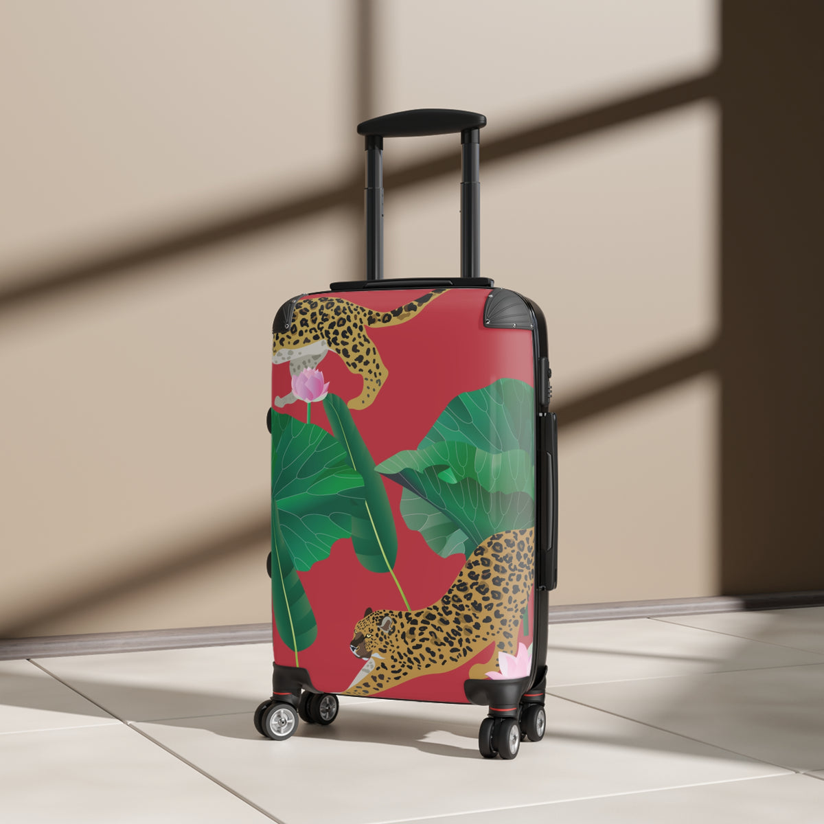 Tropical Leopard Print Suitcase | Red Palm Leaves Luggage