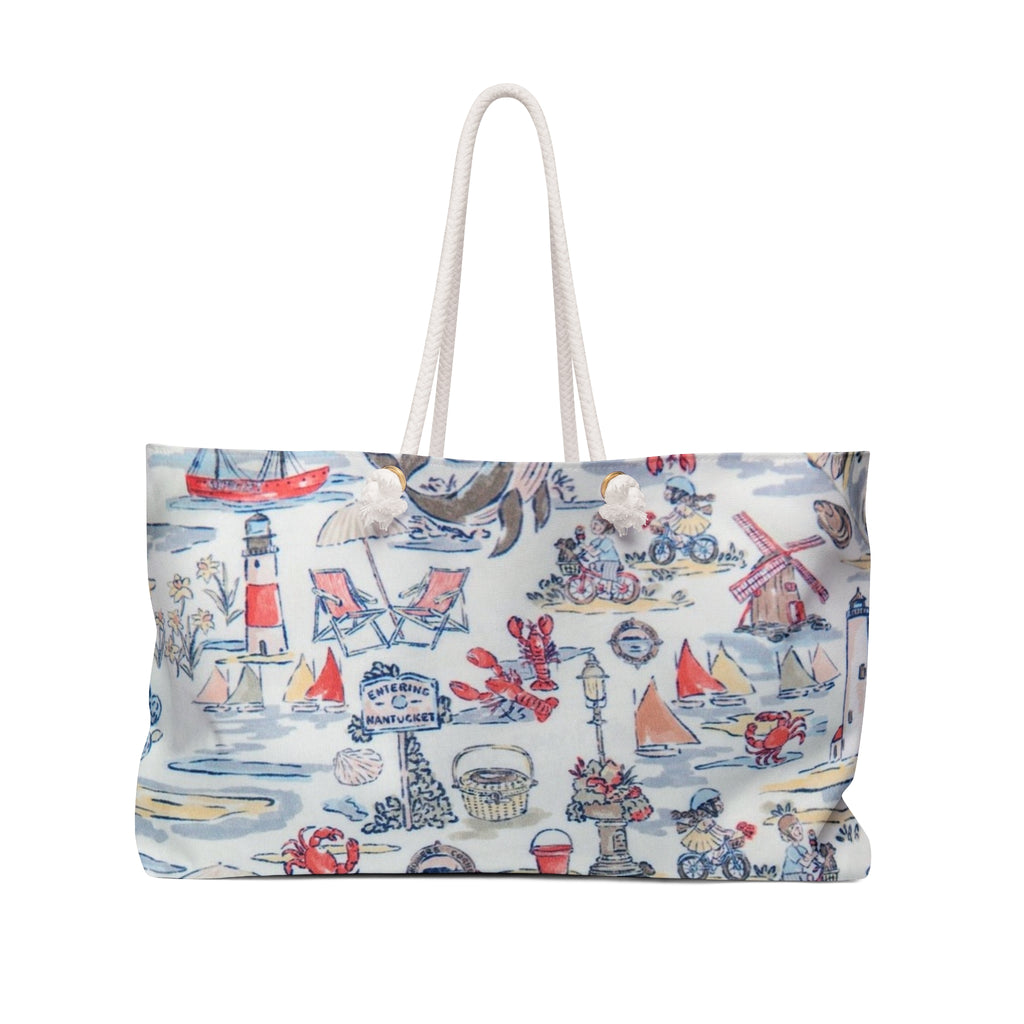 Nautical Coastal Print Weekender Bag – Beachy Lighthouse & Sailboat Travel Tote