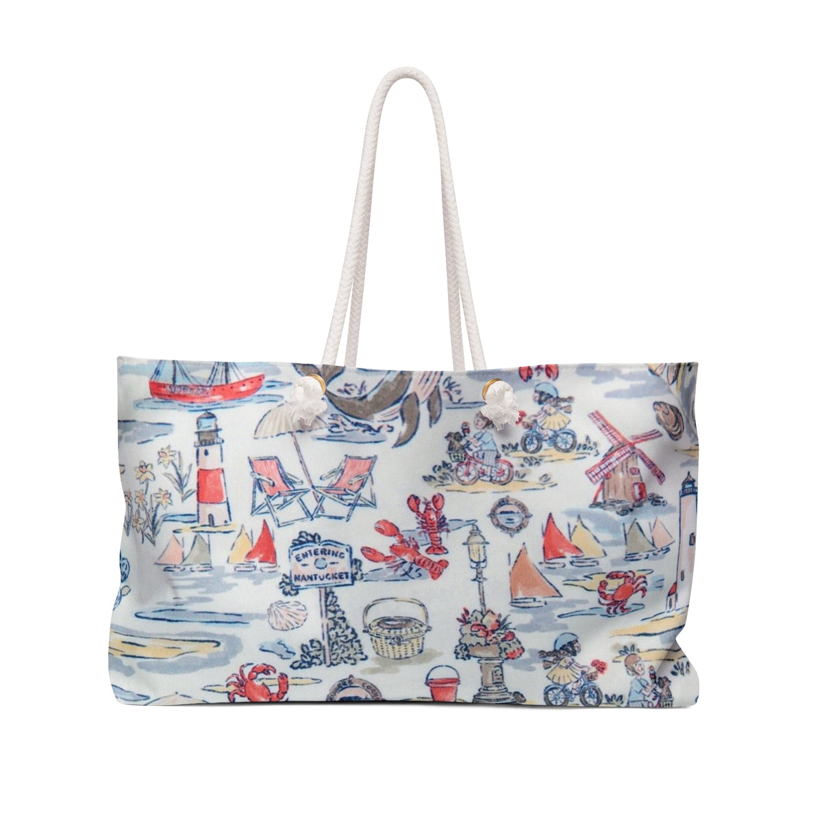 Nautical Coastal Print Weekender Bag – Beachy Lighthouse & Sailboat Travel Tote