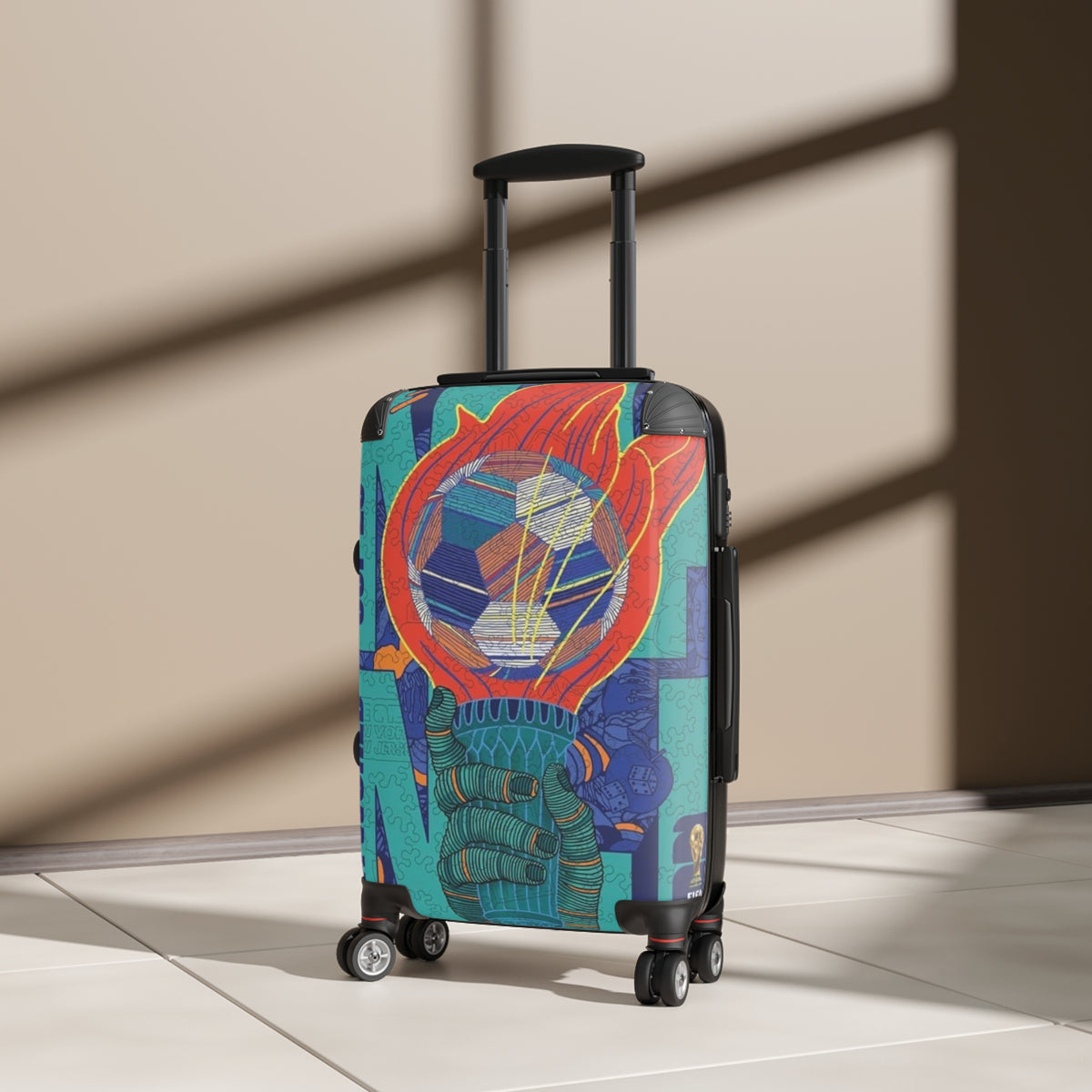 Flaming Globe Suitcase — Retro Travel Carry-On with Bold Planetary Graphic