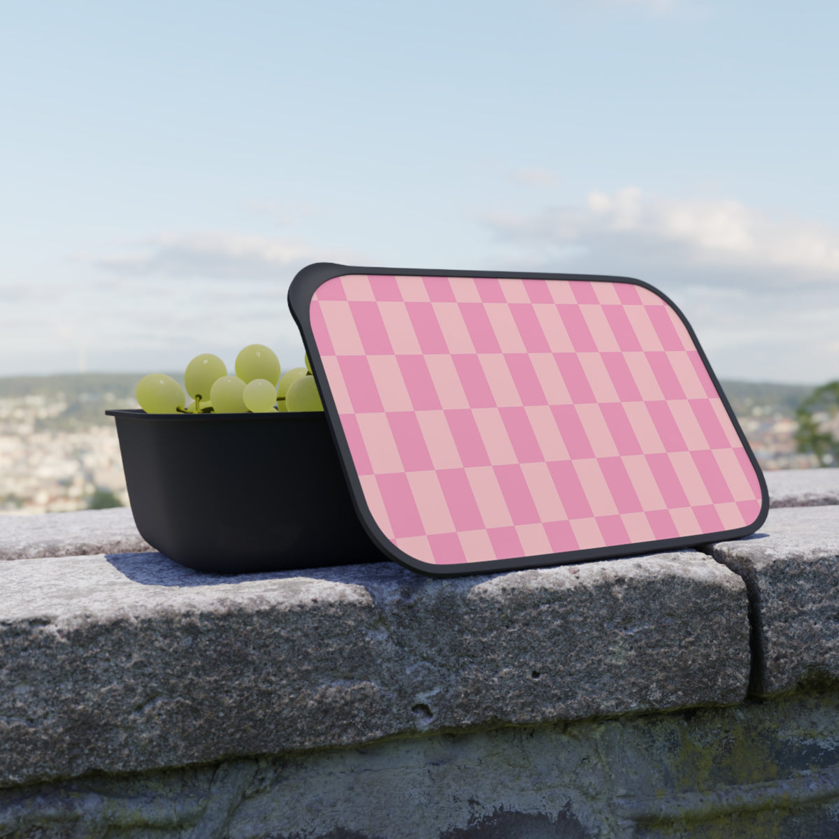 Pink Checkerboard PLA Bento Box with Band and Utensils