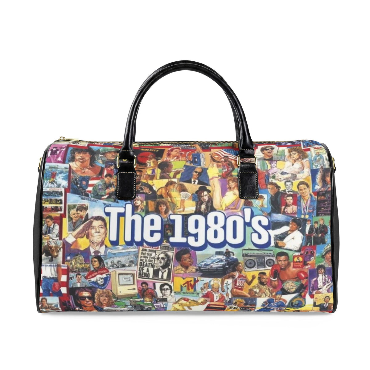 1980s Collage Faux Leather Travel Bag | Retro Pop Culture Duffle