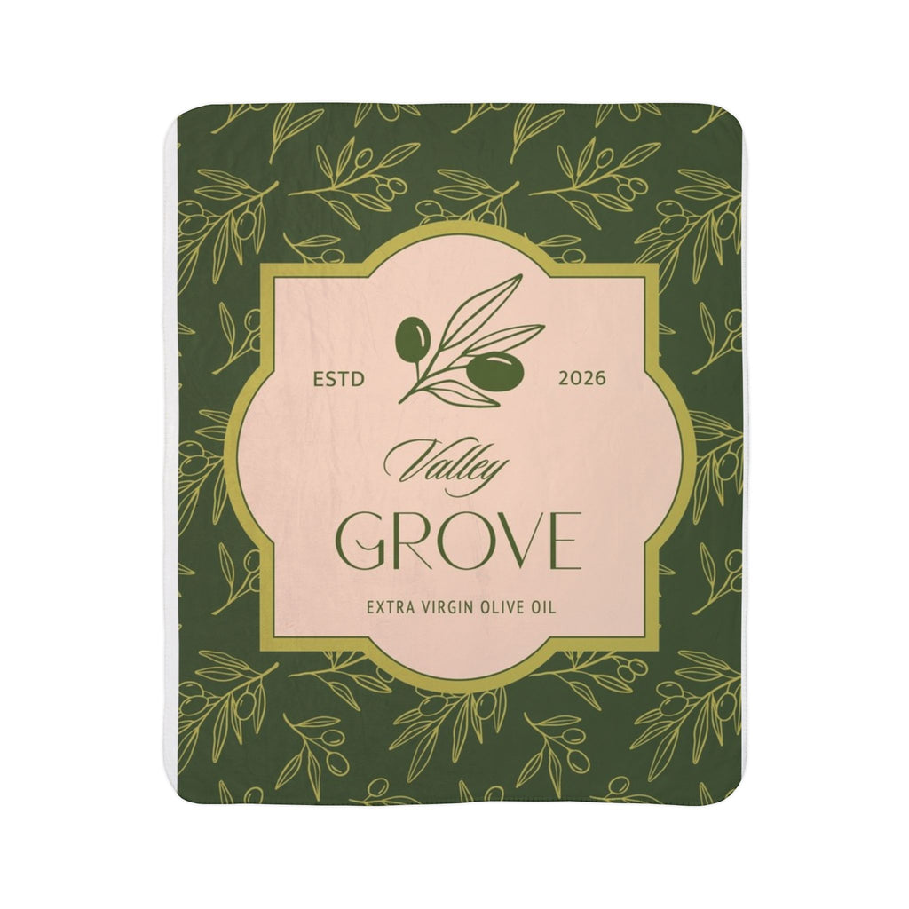 Olive Grove Label Fleece Sherpa Blanket | Botanical Olive Branch Design