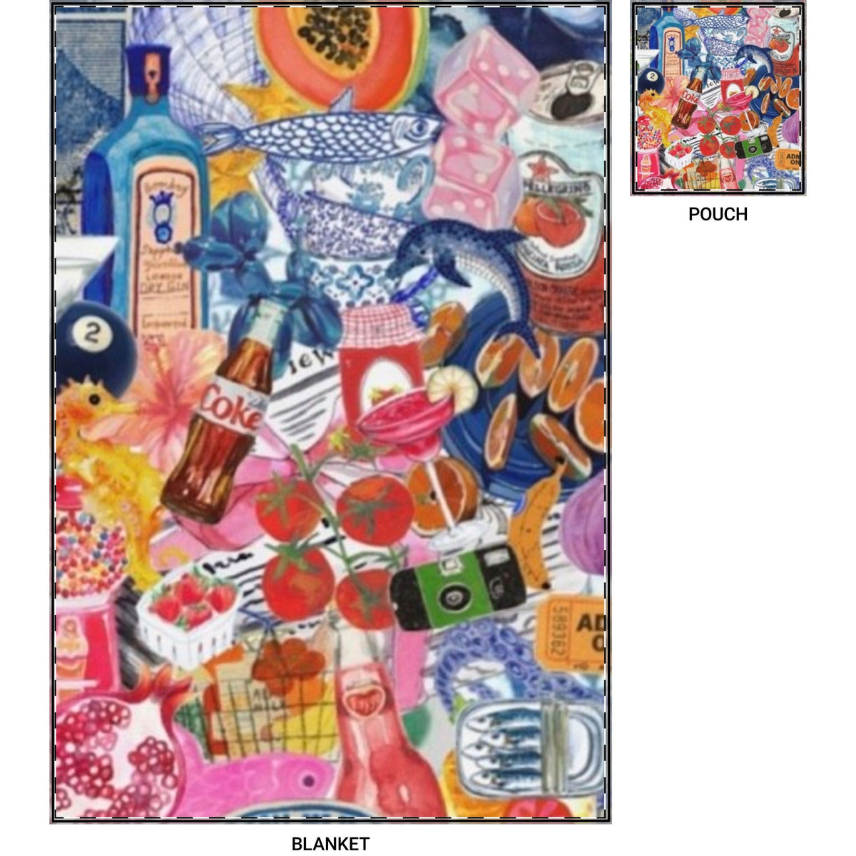 Travel Blanket — Colorful Collage Print Cozy Throw with Pouch