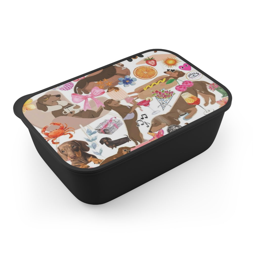 Dachshund Pattern PLA Bento Box with Band & Utensils — Cute Dog Lunchbox