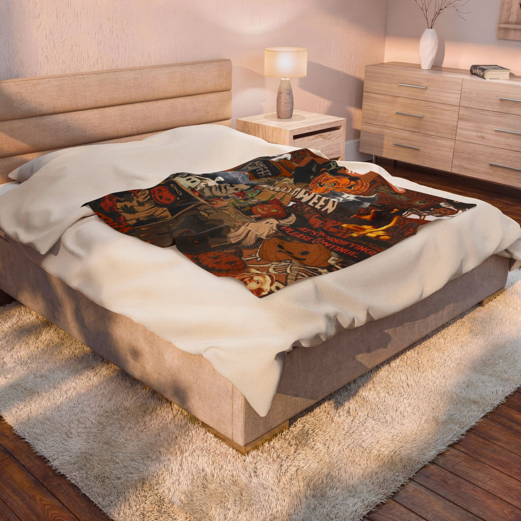 Halloween Collage Velveteen Plush Blanket — Retro Horror Movie Pumpkin Design