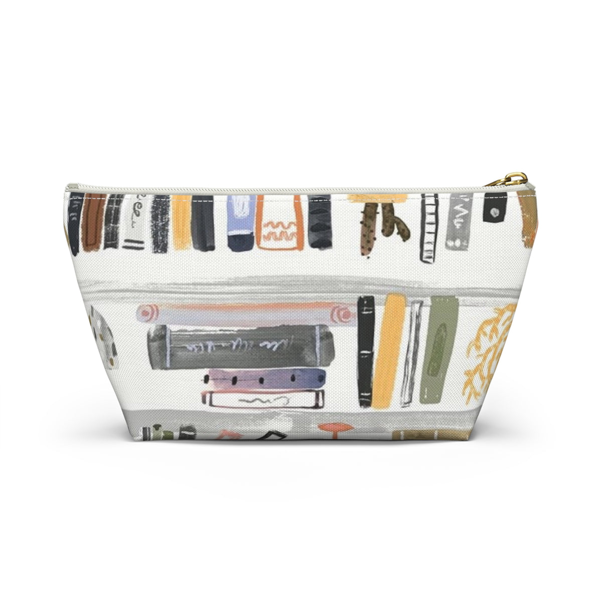 Bookish Accessory Pouch — Illustrated Bookshelf T-Bottom Cosmetic Bag