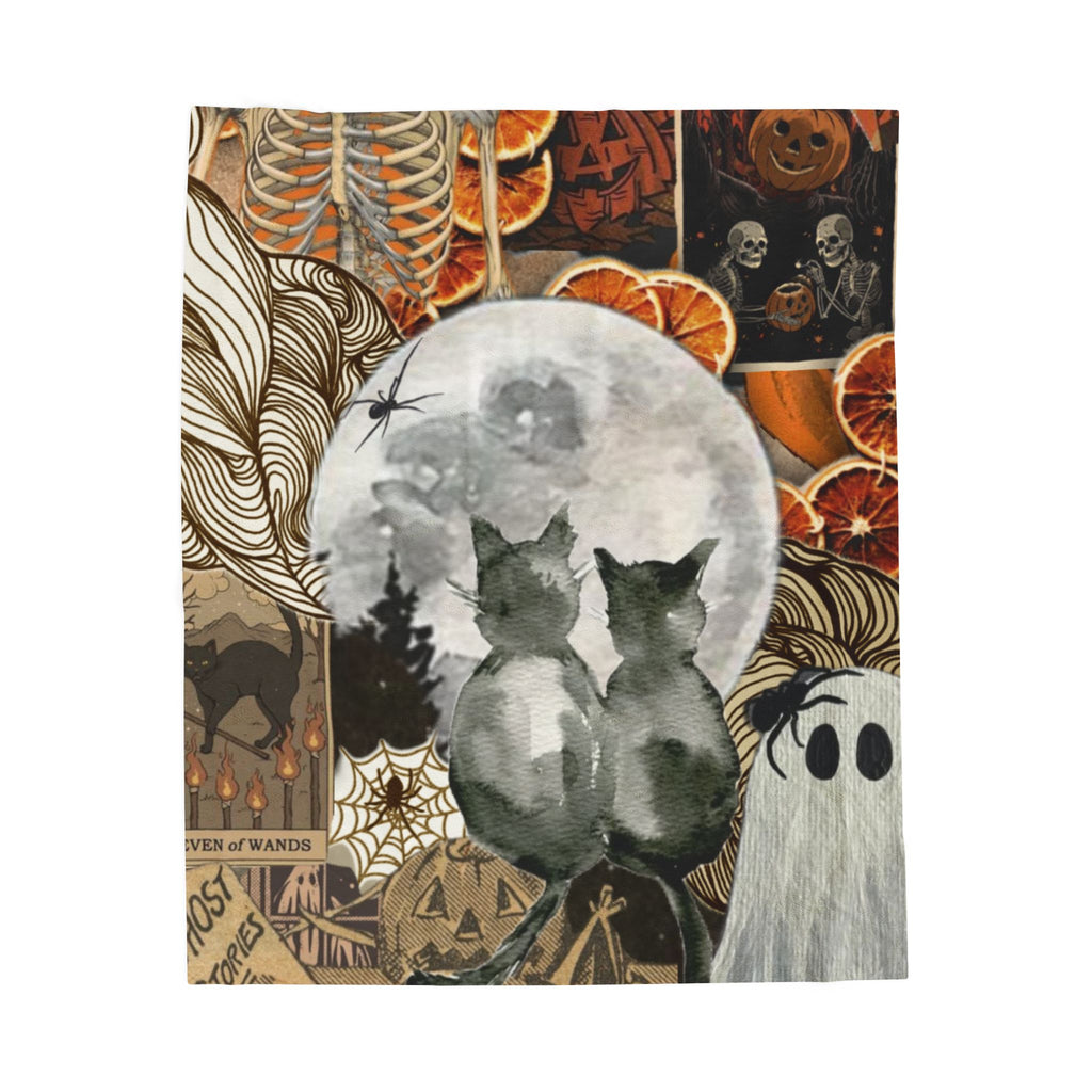 Halloween Moon Plush Blanket — Cats, Ghosts & Pumpkin Collage Velveteen Throw