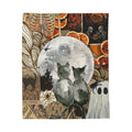 Halloween Moon Plush Blanket — Cats, Ghosts & Pumpkin Collage Velveteen Throw