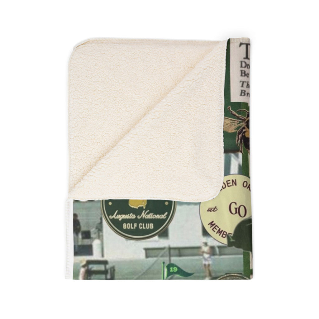 Vintage Green Collage Fleece Sherpa Blanket | Retro Car, Tennis, Travel Labels