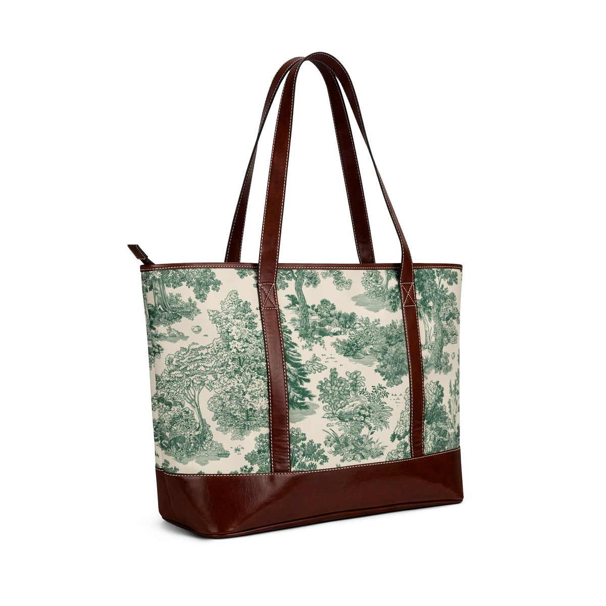 Green Toile Landscape Handbag | Vintage Scenic Print Tote