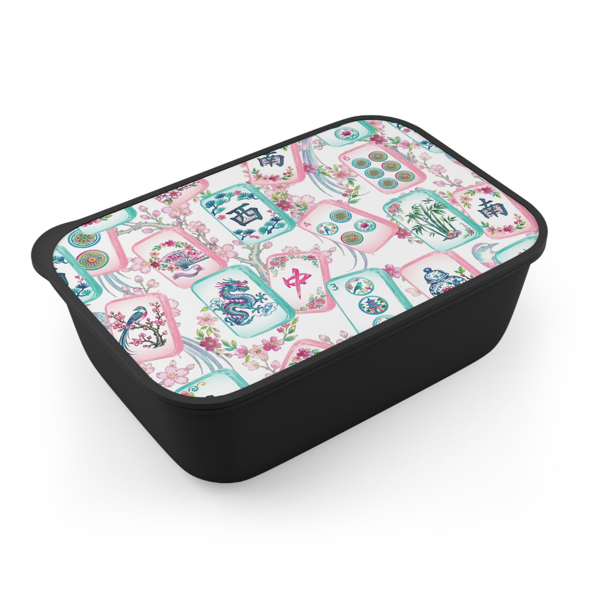 Mahjong Tile Pattern PLA Bento Box with Band and Utensils | Floral Mahjong Lunchbox