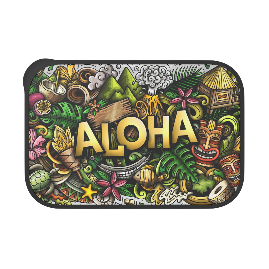 Aloha Tropical Doodle PLA Bento Box with Band and Utensils | Hawaii Lunch Container