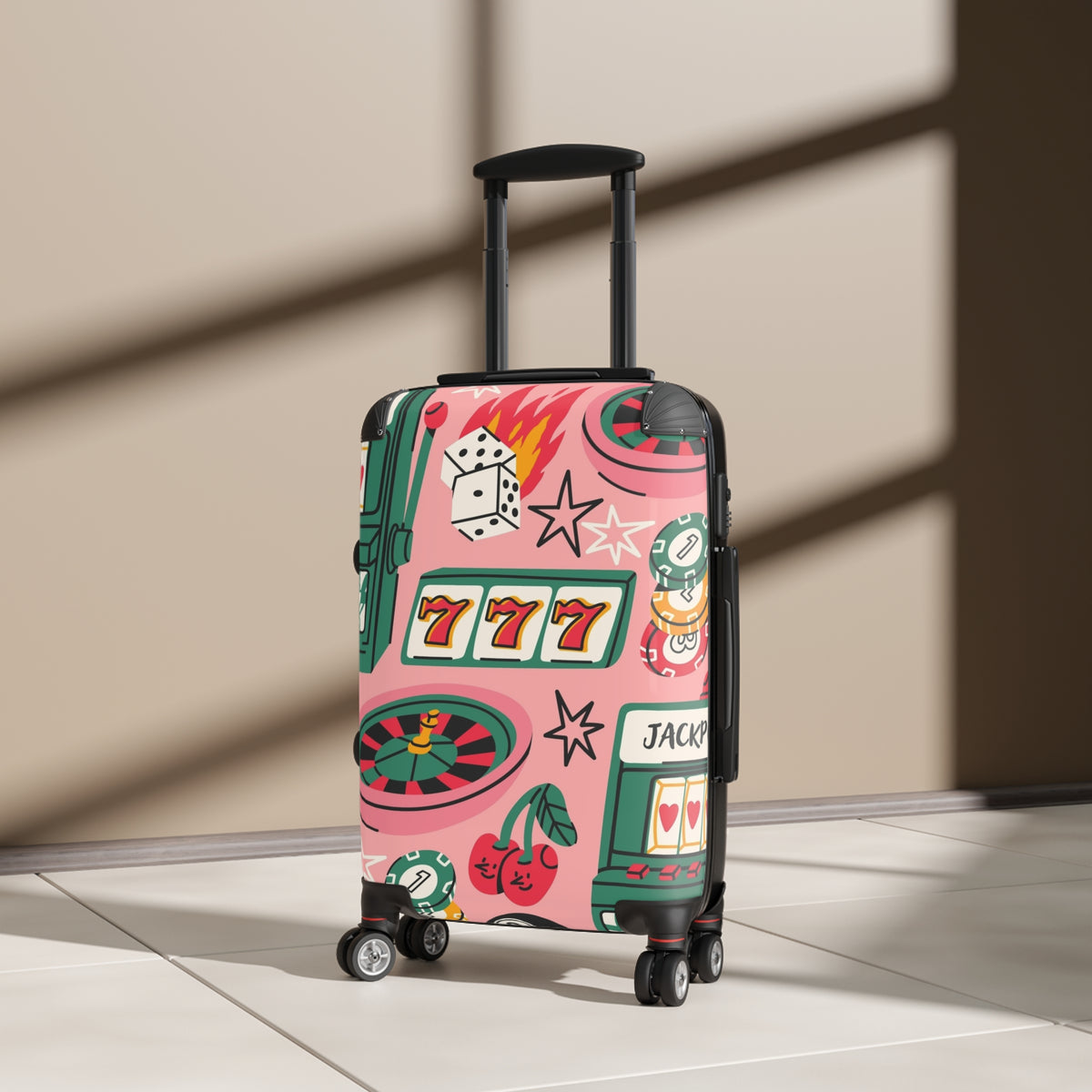 Casino Retro Rolling Suitcase — Pink Slot Machine & Roulette Travel Luggage