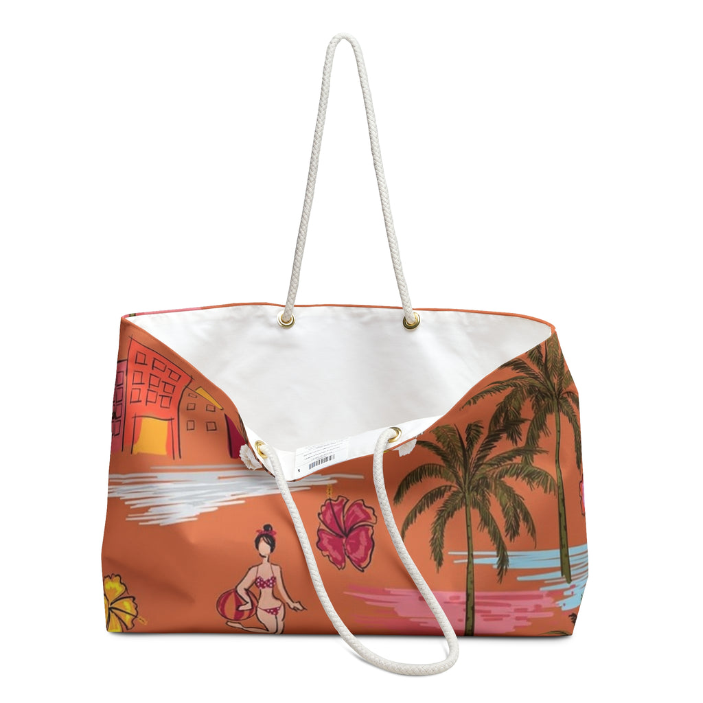 Vintage Tropical Beach Scene Weekender Bag | Palm Trees, Hibiscus, Retro Swim