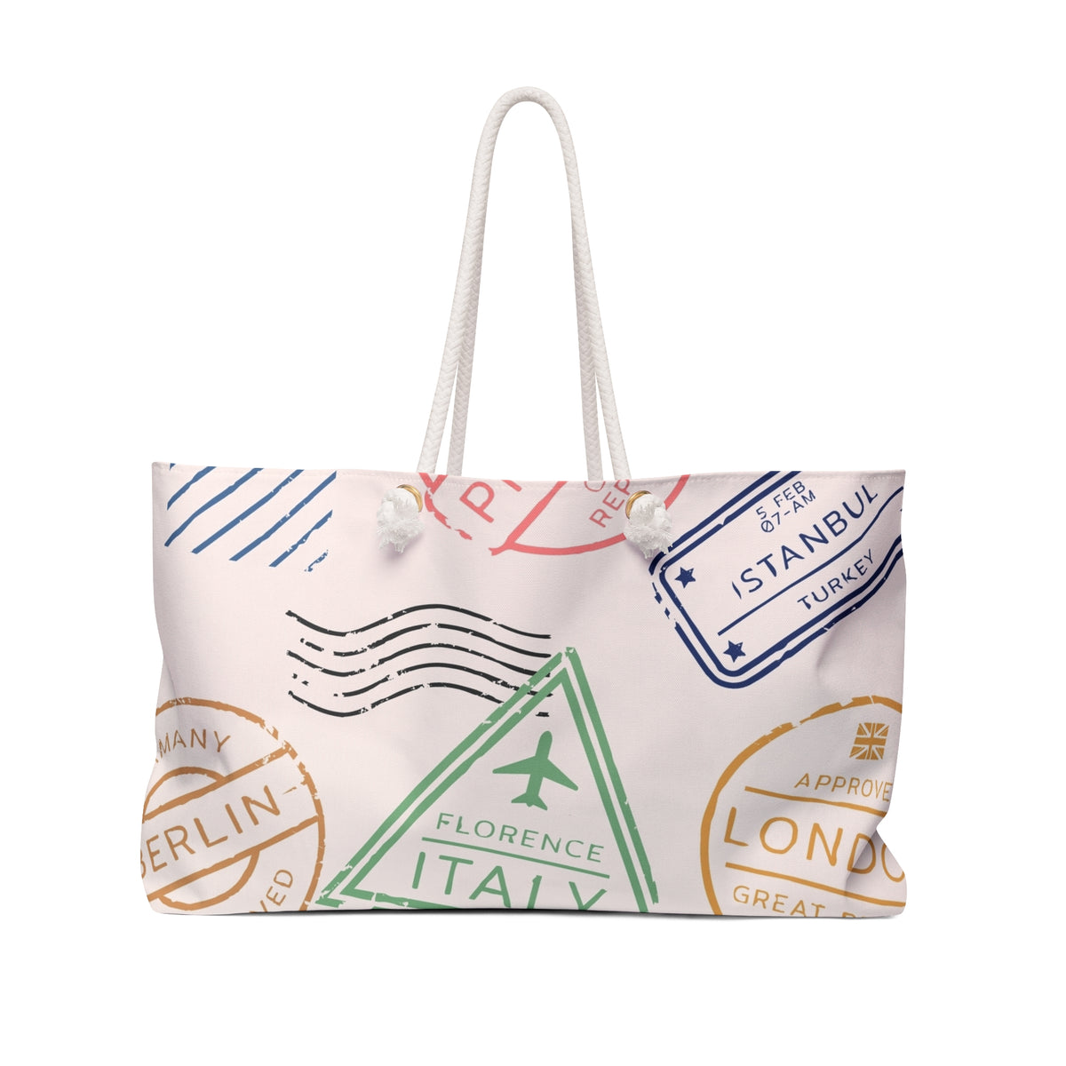 Passport Stamp Travel Pattern Weekender Bag | International Destinations Tote
