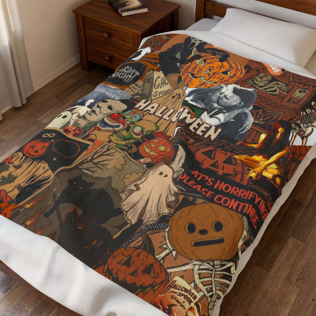 Halloween Collage Velveteen Plush Blanket — Retro Horror Movie Pumpkin Design