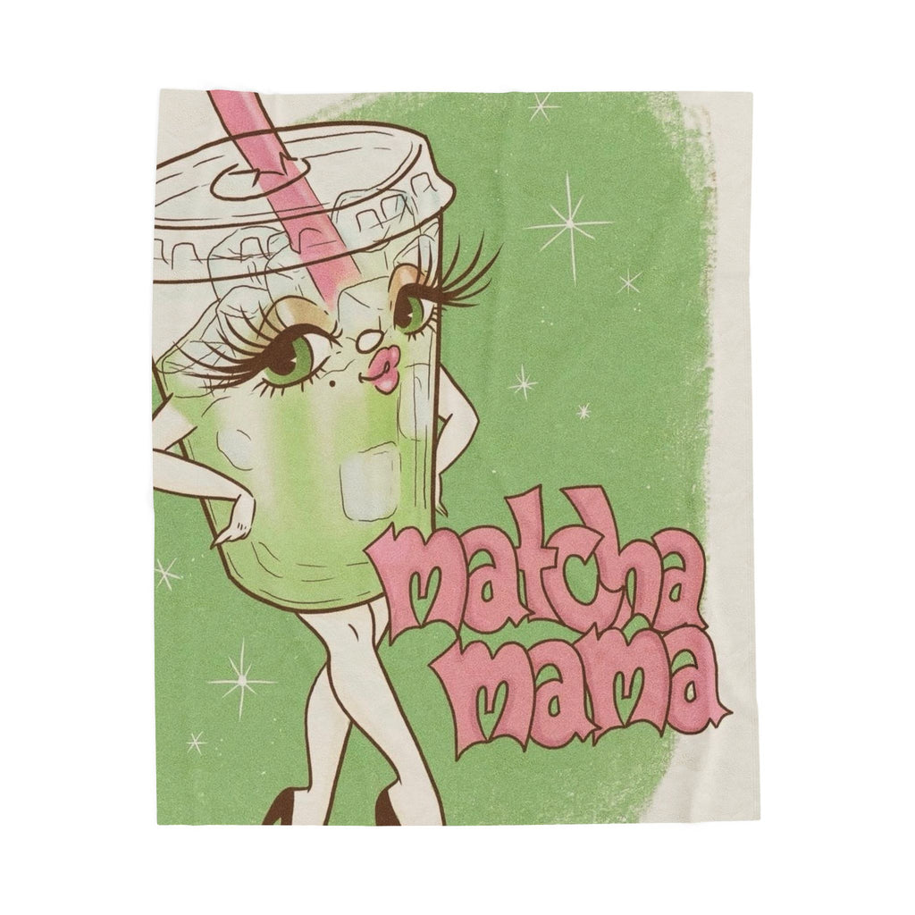 Matcha Mama Velveteen Plush Blanket — Cute Retro Matcha Drink Design
