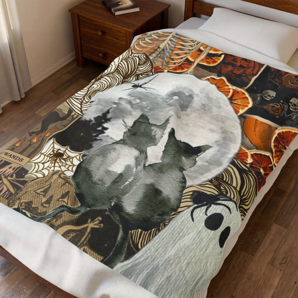 Halloween Moon Plush Blanket — Cats, Ghosts & Pumpkin Collage Velveteen Throw